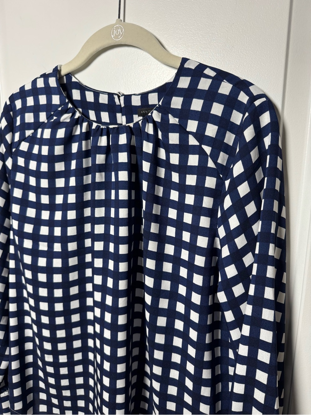 Ann Taylor Navy Blue White Gingham Check Long Sleeve Blouse Size Small